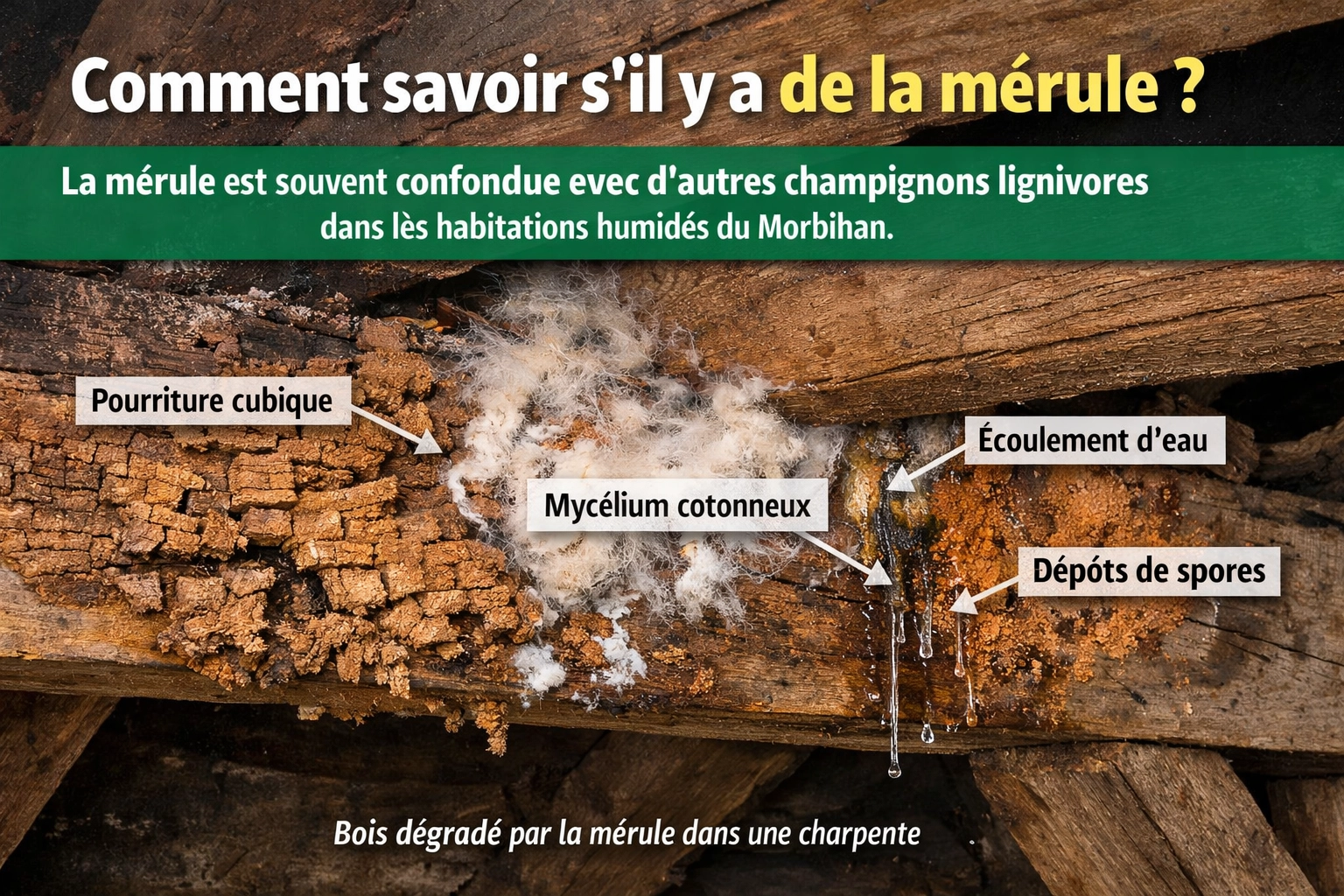 bois attaqué mérule pourriture cubique humidité